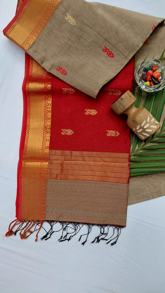 red and grey cotton silk maheshwari saree