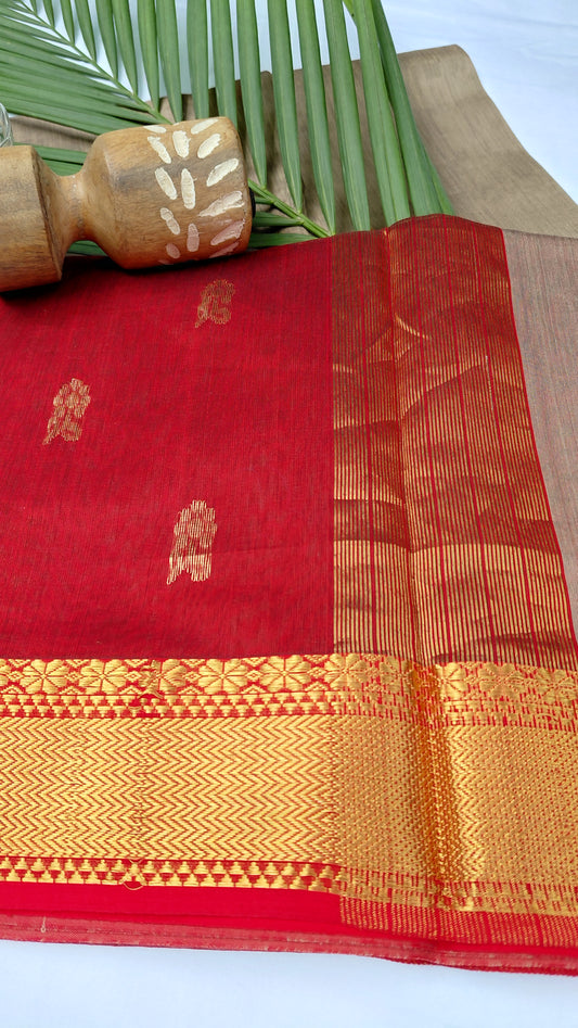 red and grey cotton silk maheshwari saree