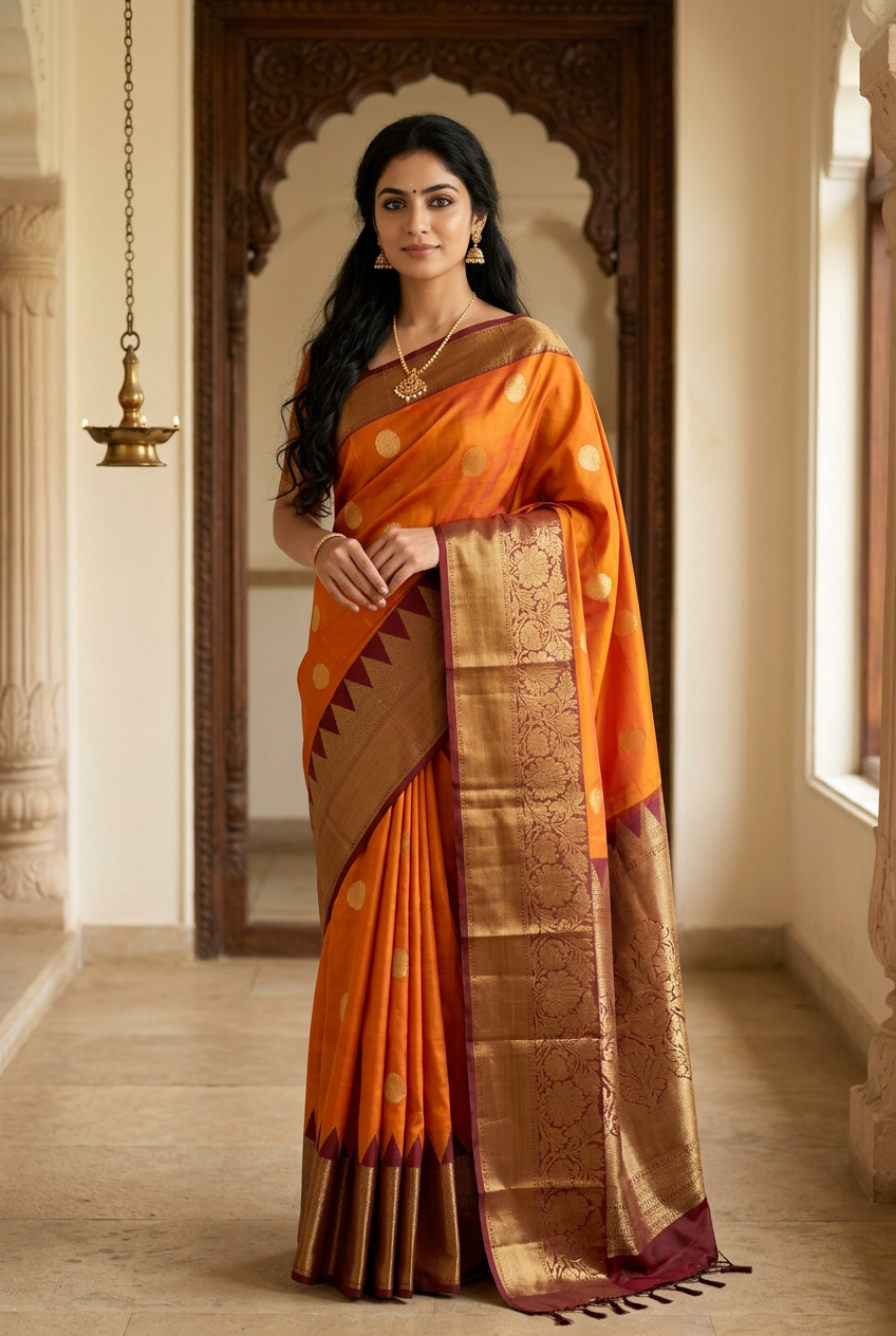 Orange Pure Silk Kanjivaram Heavy Handmade