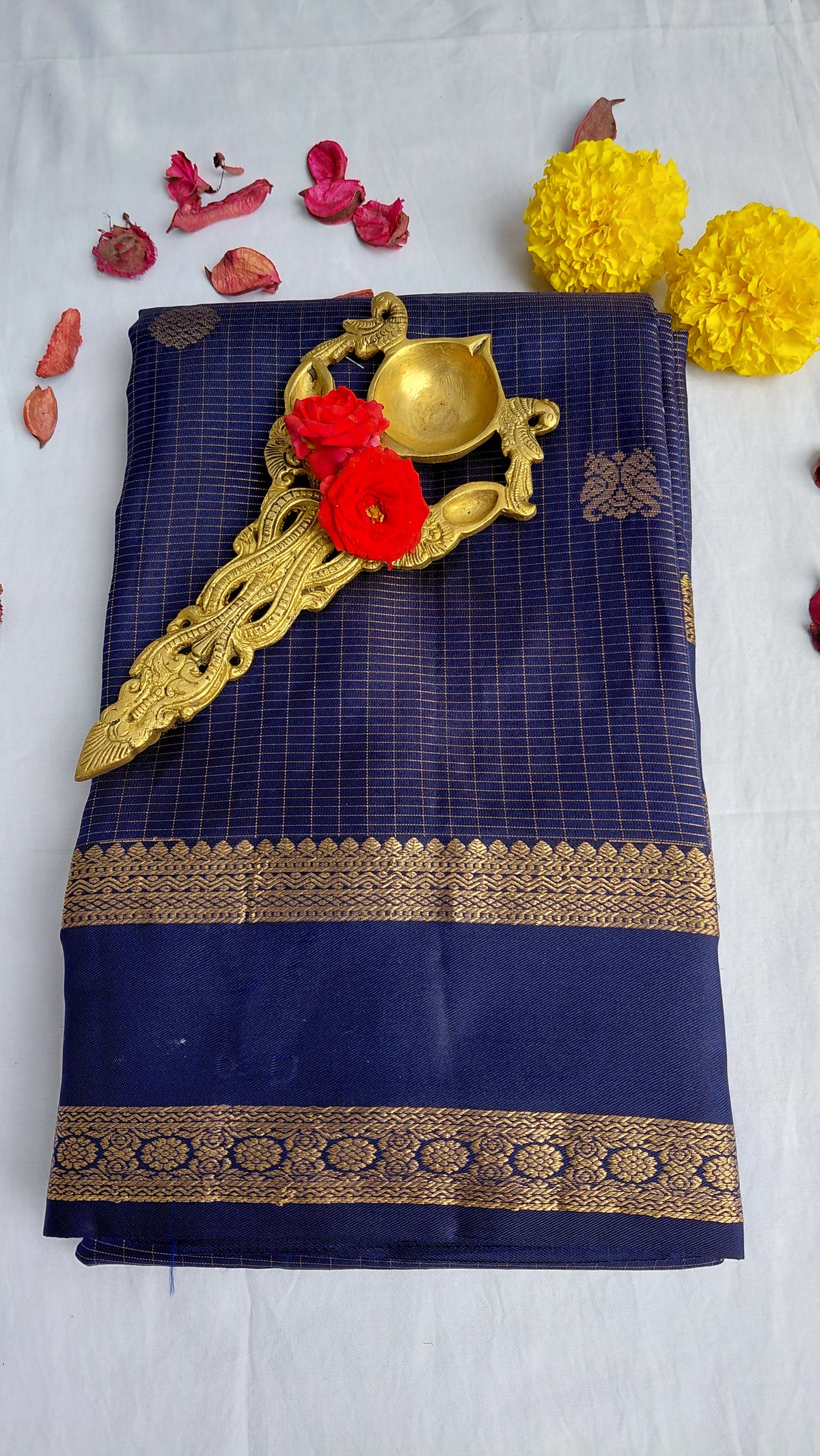 Royal Blue check Pure Silk Powerloom Kanjivaram