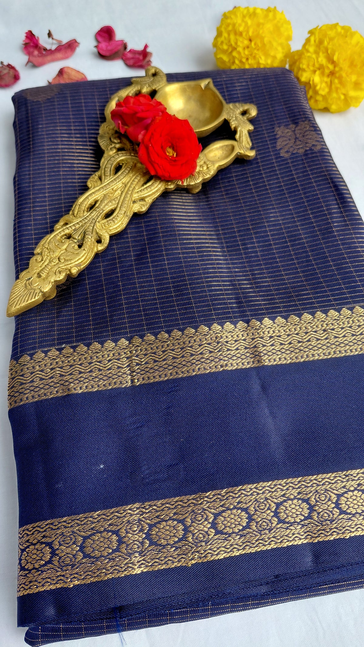 Royal Blue check Pure Silk Powerloom Kanjivaram