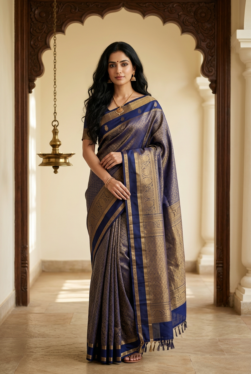 Royal Blue check Pure Silk Powerloom Kanjivaram