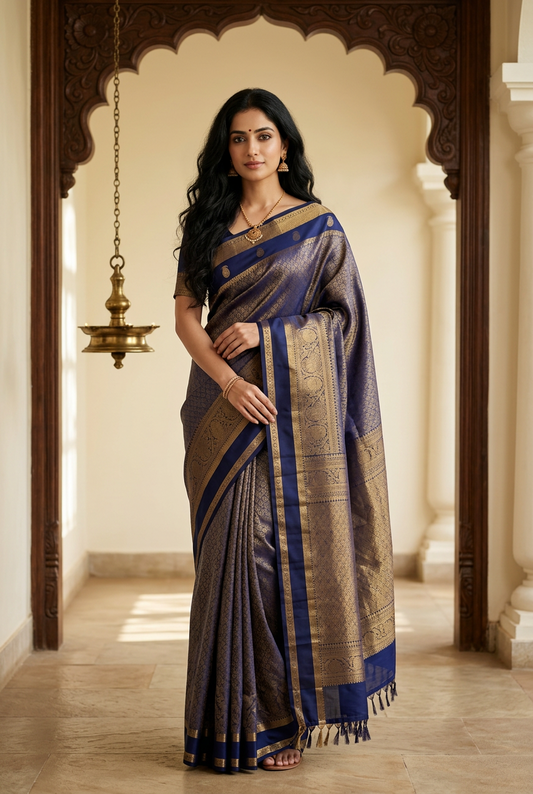 Royal Blue check Pure Silk Powerloom Kanjivaram