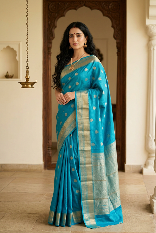 Tarquoise Blue  check Pure Silk Powerloom Kanjivaram
