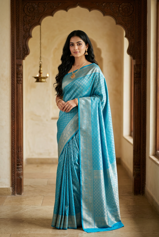 Tarquoise Blue Pure Silk Powerloom Kanjivaram