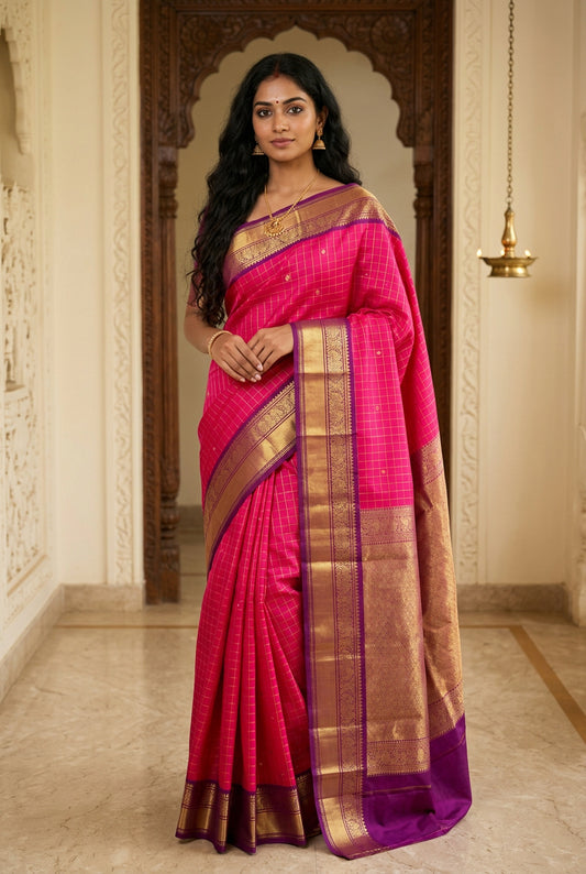 A pink and gold Banarasi silk saree, showing the richly woven body, the golden zari work, and the deep magenta border with gold patterns, laid flat on a white surface.