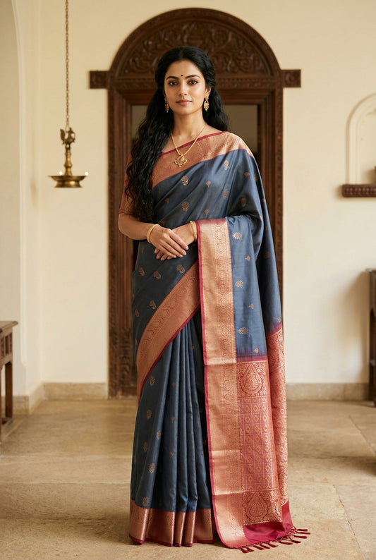 red and grey kanjivaram saree with flower buta and rich pallu